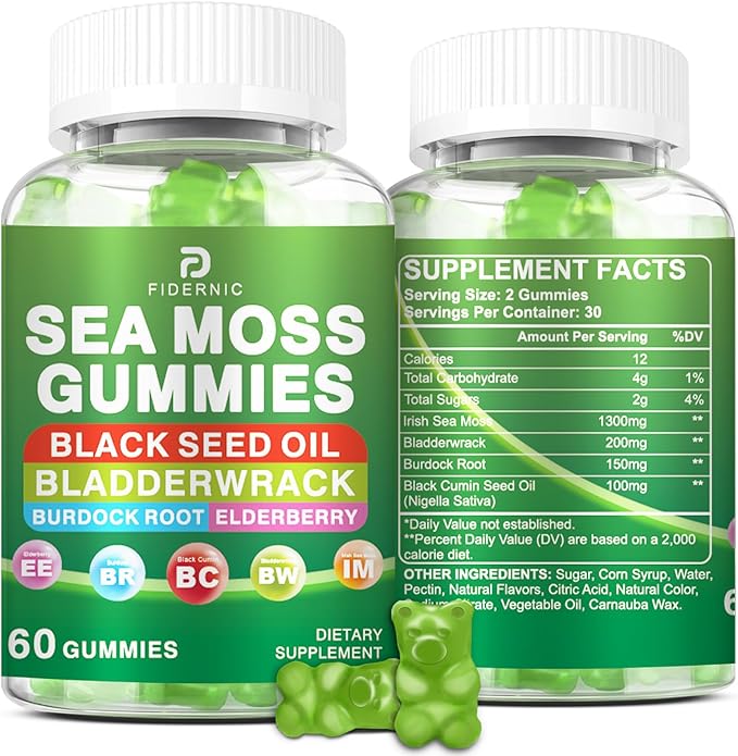 Sea Moss Gummies – Irish Sea Moss with Black Seed Oil, Bladderwrack, Burdock Root for Immune & Detox Support, Vegan Green Apple Flavor Gummies for Adults, Kids, Men, Women